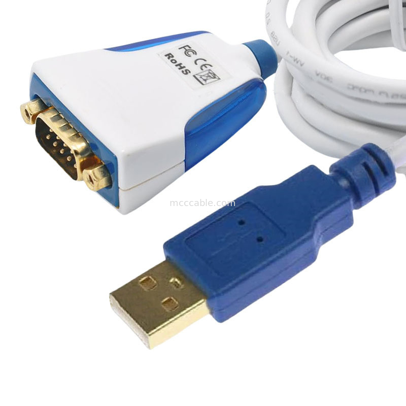 Cable de série USB-A para RS232 com conectores eletrônicos e DB9M industriais incorporados