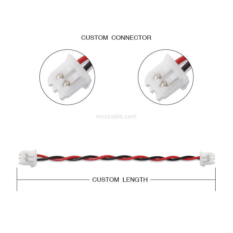 O cabo 22AWG UL1007 2P vermelho preto do conector do chicote de fios XHP-2 do fio de JST colou o cabo